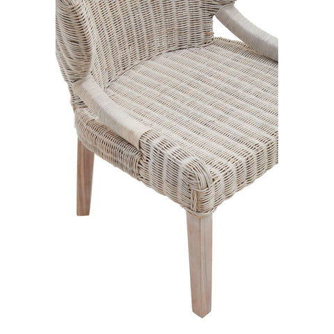 Wicker chair with a light beige and cream striped pattern, featuring rounded arms and a comfortable seat, supported by four light wooden legs
