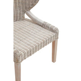 Wicker chair featuring a textured seat and backrest with a light beige and cream striped pattern, complemented by natural wood legs