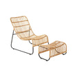 A rattan chair with a sleek, modern design featuring a curved backrest and horizontal slats, accompanied by a matching footstool. Both pieces have a light natural finish and are supported by a minimalist metal frame