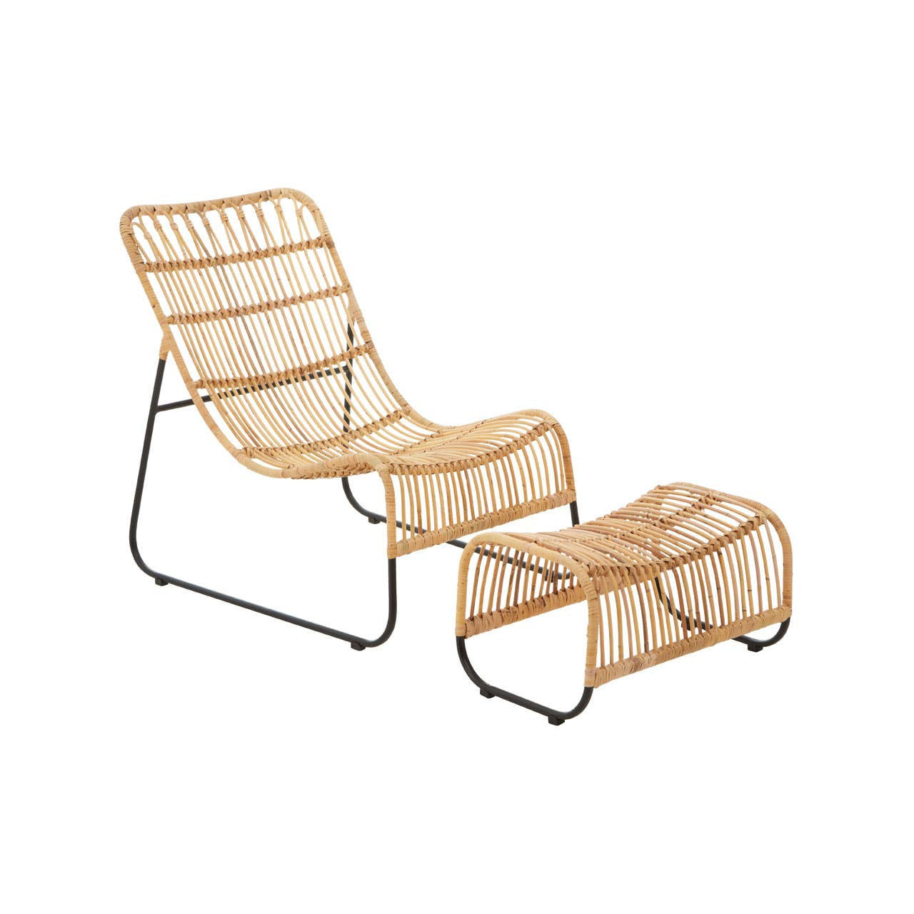 A rattan chair with a sleek, modern design featuring a curved backrest and horizontal slats, accompanied by a matching footstool. Both pieces have a light natural finish and are supported by a minimalist metal frame