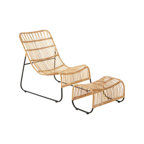 A rattan chair with a sleek, modern design featuring a curved backrest and horizontal slats, accompanied by a matching footstool. Both pieces have a light natural finish and are supported by a minimalist metal frame