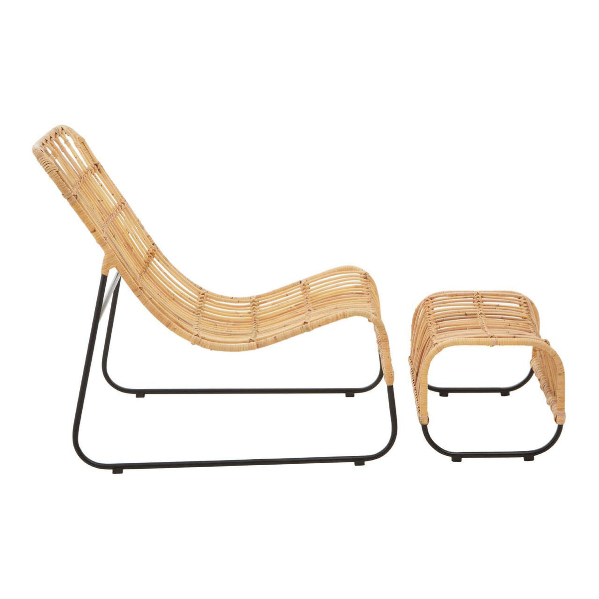 A stylish rattan chair with a curved backrest and a matching footstool, both featuring a natural woven texture and supported by a sleek metal frame. The chair is designed for comfort and relaxation, showcasing a modern aesthetic suitable for home decor