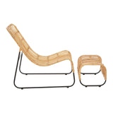 A stylish rattan chair with a curved backrest and a matching footstool, both featuring a natural woven texture and supported by a sleek metal frame. The chair is designed for comfort and relaxation, showcasing a modern aesthetic suitable for home decor