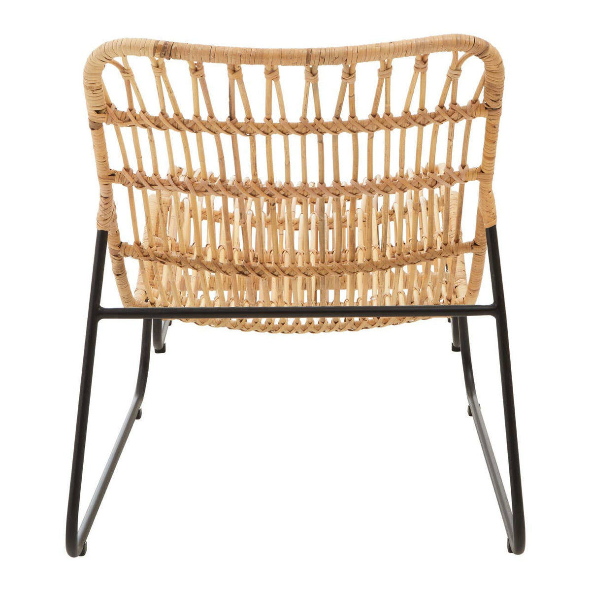 A rattan chair with a curved backrest and open weave design, supported by a sleek black metal frame, accompanied by a matching footstool. The chair features a natural finish, showcasing the texture of the rattan