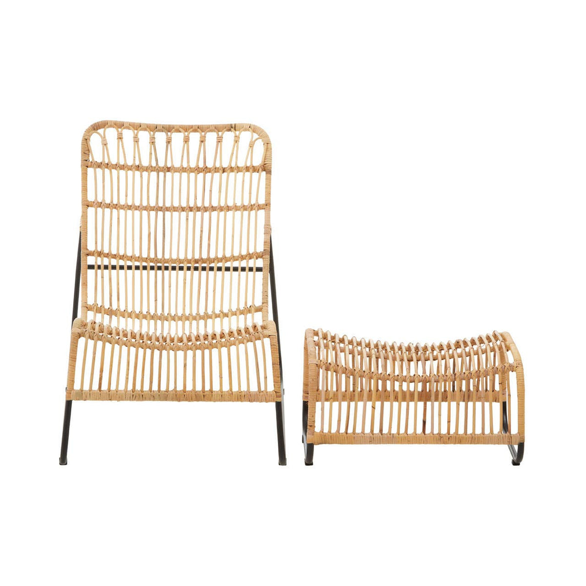 A rattan chair with a curved backrest and a matching footstool, both featuring a natural finish and a minimalist design. The chair has a sturdy frame and is slightly elevated off the ground, while the footstool is low and complements the chair's shape