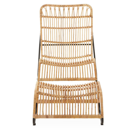 A stylish rattan chair with a high backrest and a matching footstool, both featuring a natural woven design and a sturdy metal frame, showcasing a light wood finish