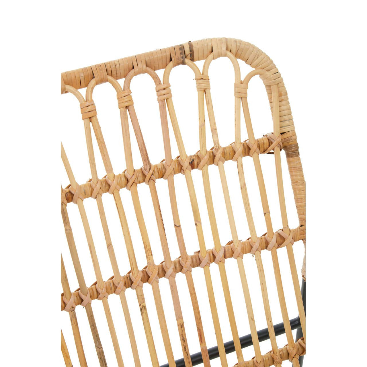 Close-up view of the backrest of the Manado Rattan Chair, showcasing the natural woven rattan design with vertical and horizontal strands, highlighting its lightweight and airy structure