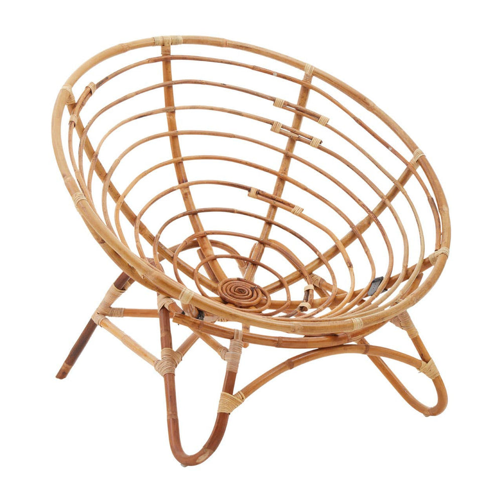 Natural rattan chair with a circular, open-weave design and a sturdy, curved frame, featuring four legs for support. The chair has a light brown finish, showcasing the texture of the rattan material