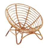 Natural rattan chair with a circular, open-weave design and a sturdy, curved frame, featuring four legs for support. The chair has a light brown finish, showcasing the texture of the rattan material