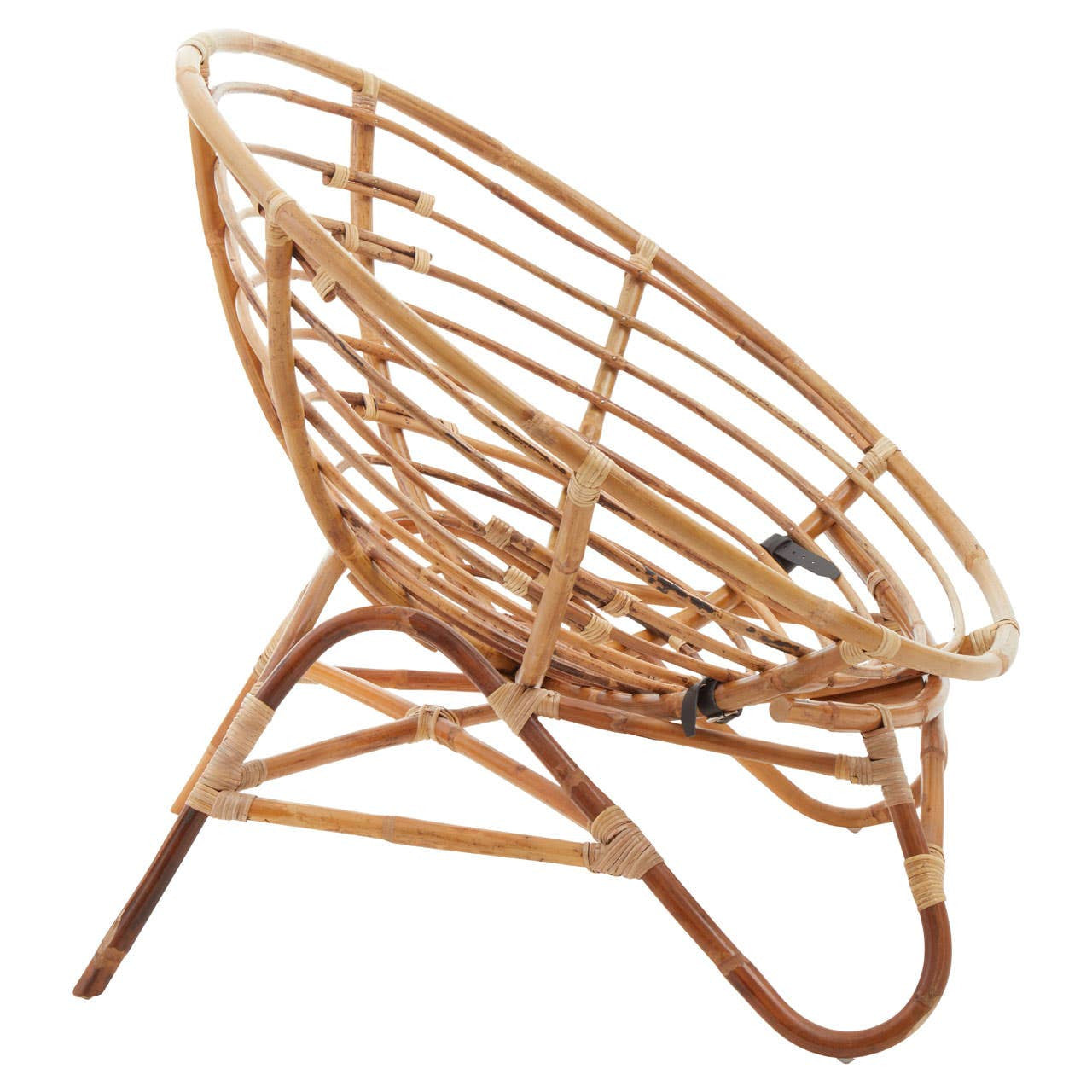 Natural rattan chair with a circular, open-weave design and a sturdy metal frame, showcasing a light brown finish. The chair features a wide seat and a low profile, ideal for relaxed seating