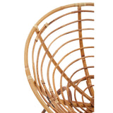 Natural rattan chair with a curved, open design featuring a series of horizontal and vertical woven strands, showcasing a light brown finish that highlights the texture of the rattan