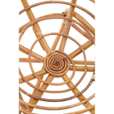 Natural rattan chair featuring a circular, woven design with a spiral pattern at the center, showcasing the intricate craftsmanship and organic texture of the material. The light color of the rattan highlights its natural finish