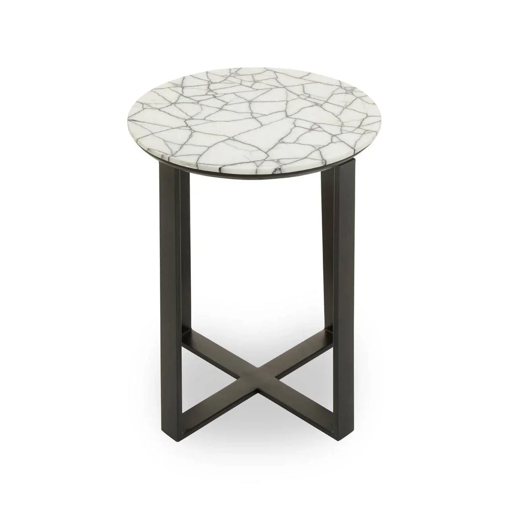 Round marble top side table with black metal legs and cross base