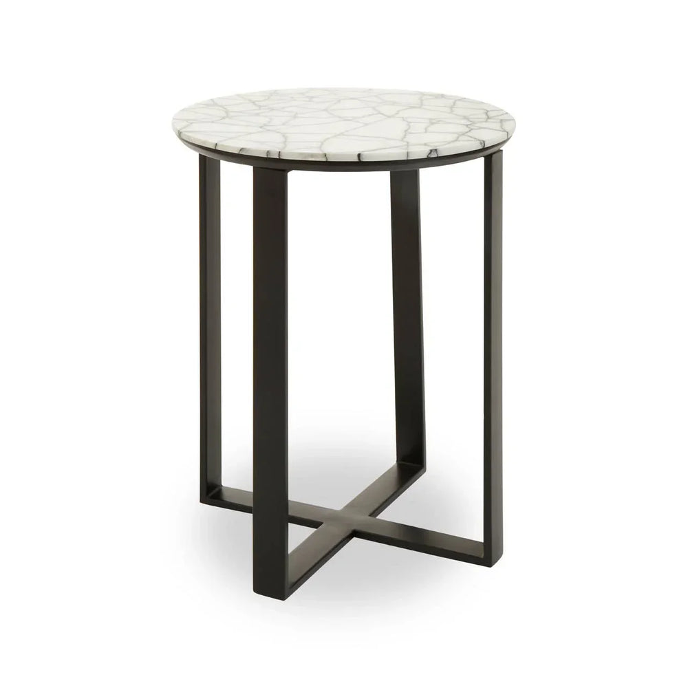 Round marble side table with black metal legs and cross base