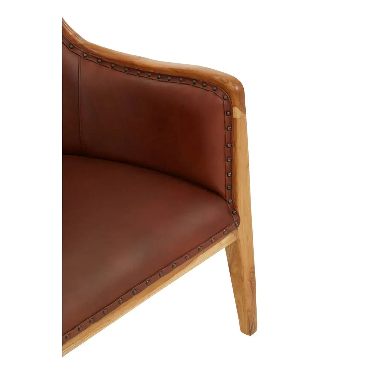 Brown leather armchair seat with wooden frame and decorative stud detailing