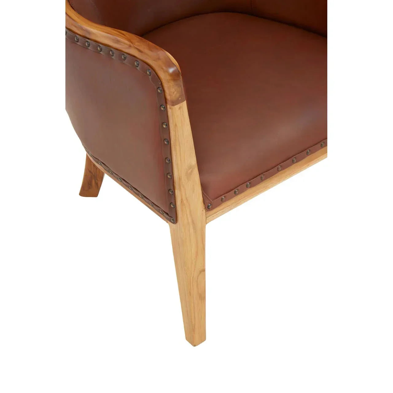 Brown leather armchair with wooden legs and stud detailing on armrest