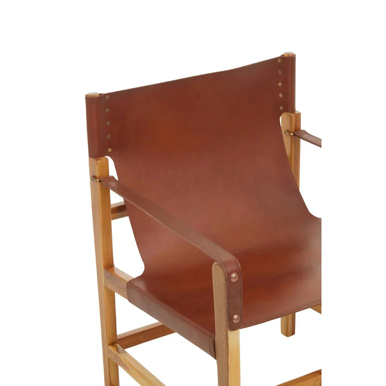Brown leather and wooden accent chair with sling seat and armrests close-up