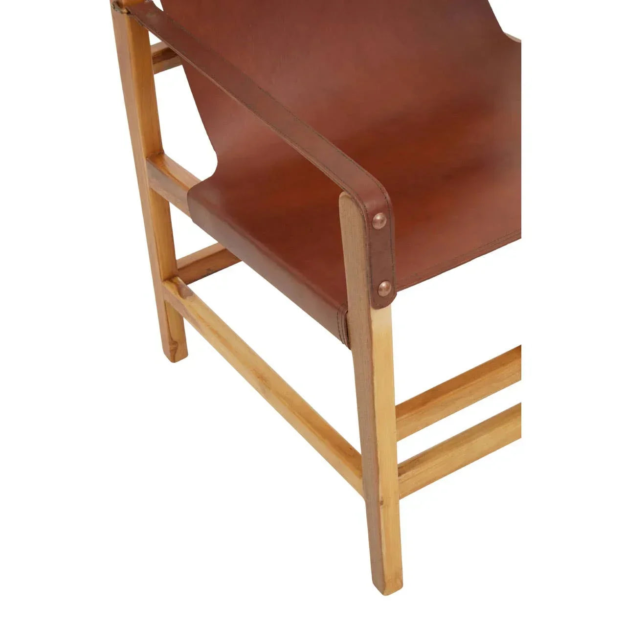 Brown leather dining chair with wooden frame, close-up of seat and armrest details