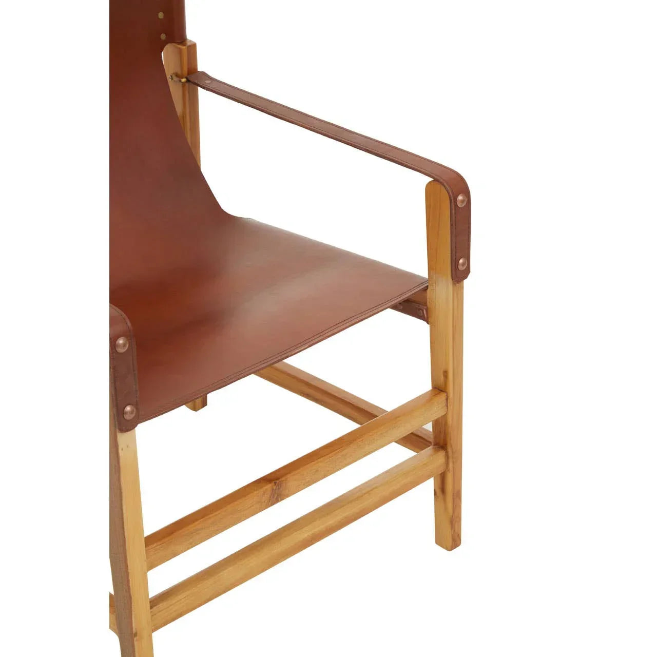 Brown leather dining chair with wooden frame and armrest closeup