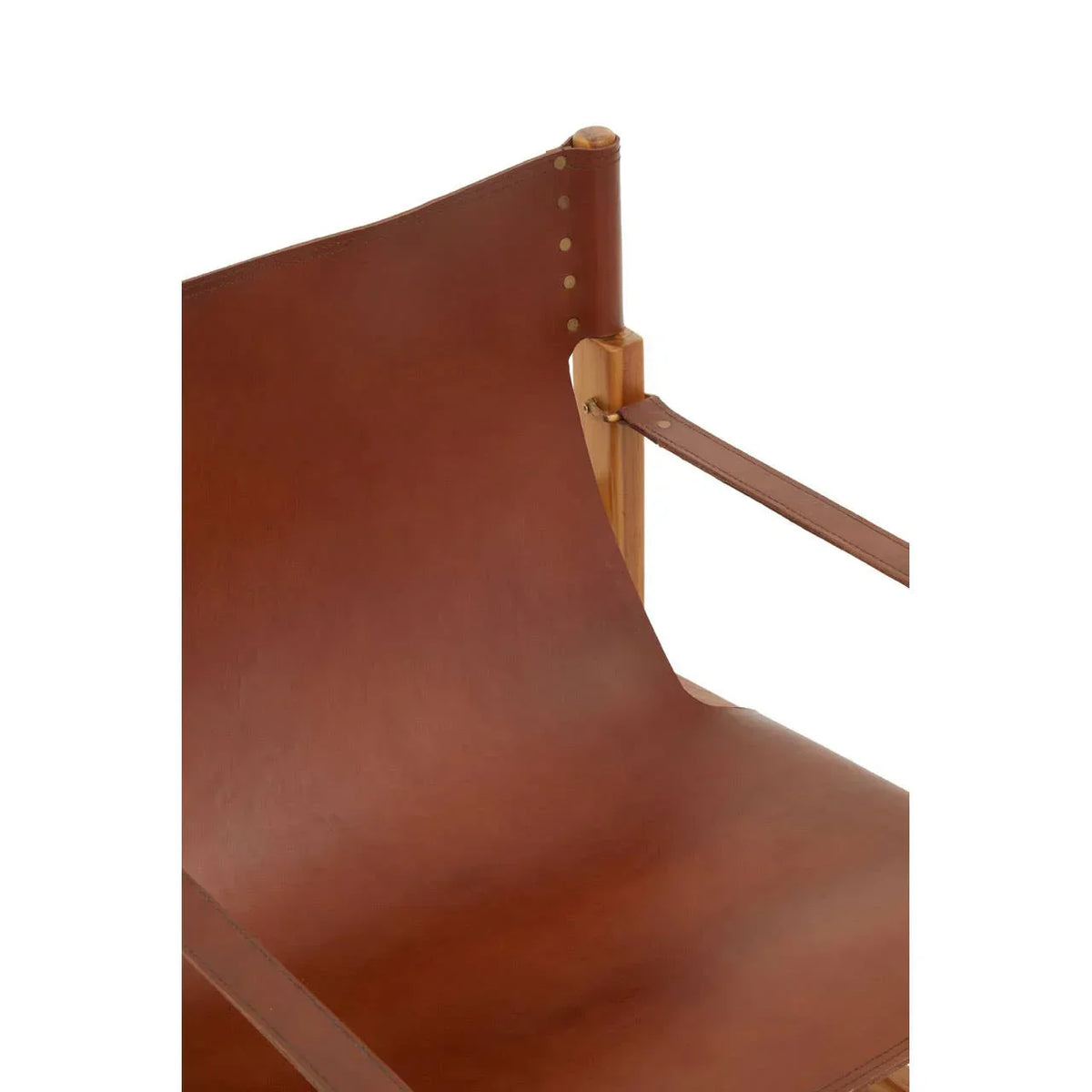 Brown leather armchair seat with wooden frame and brass rivet detail