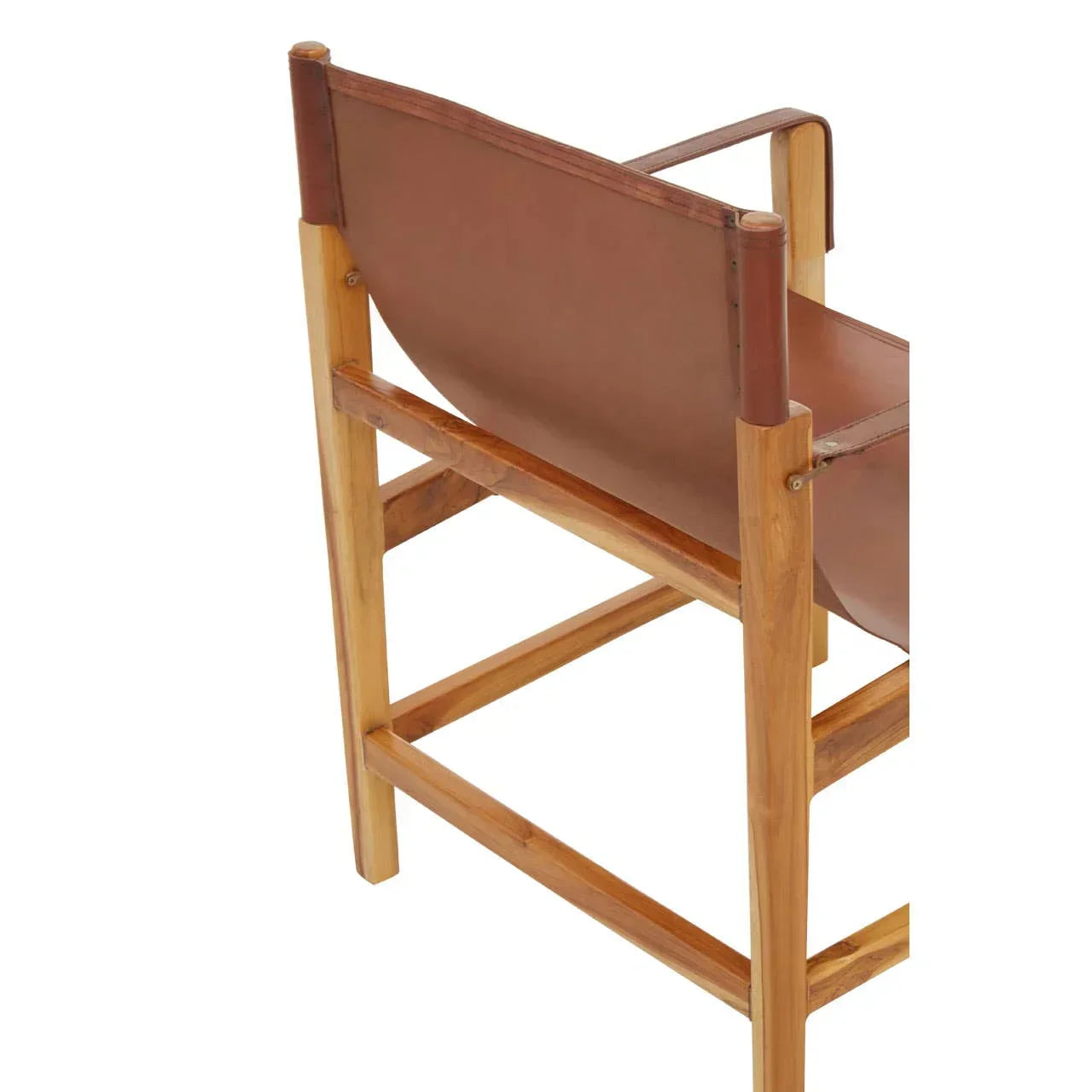 Brown leather and wood dining chair rear view with curved backrest