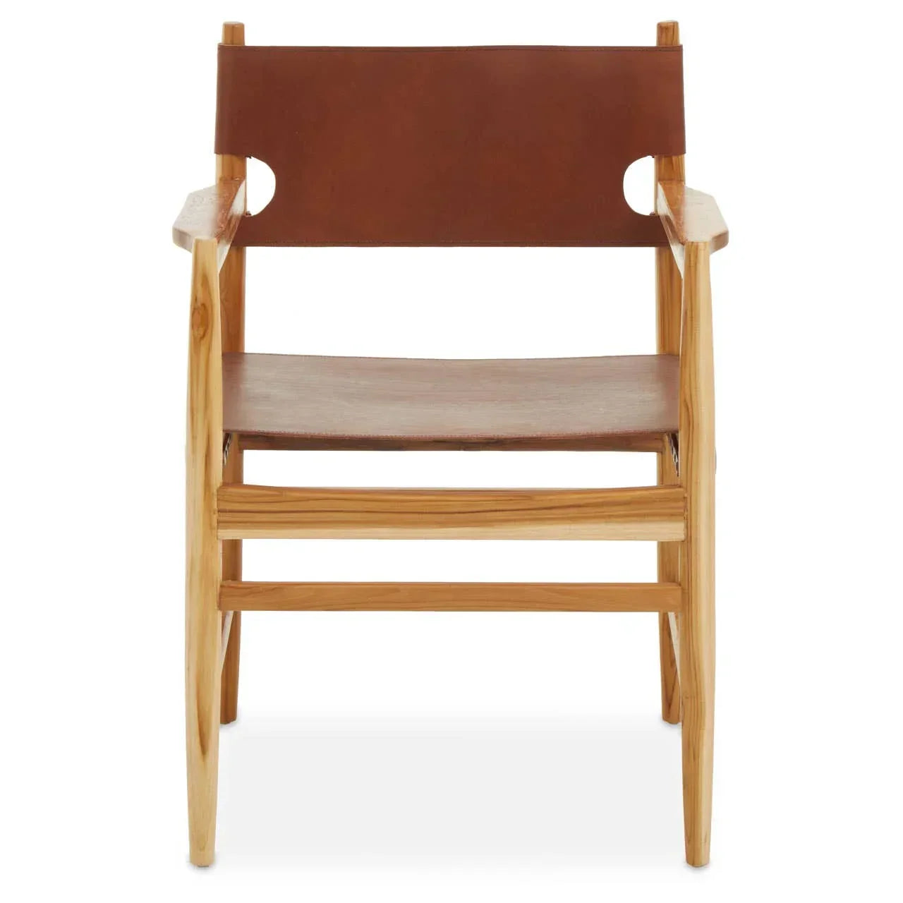 Front view of wooden dining chair with brown leather seat and backrest