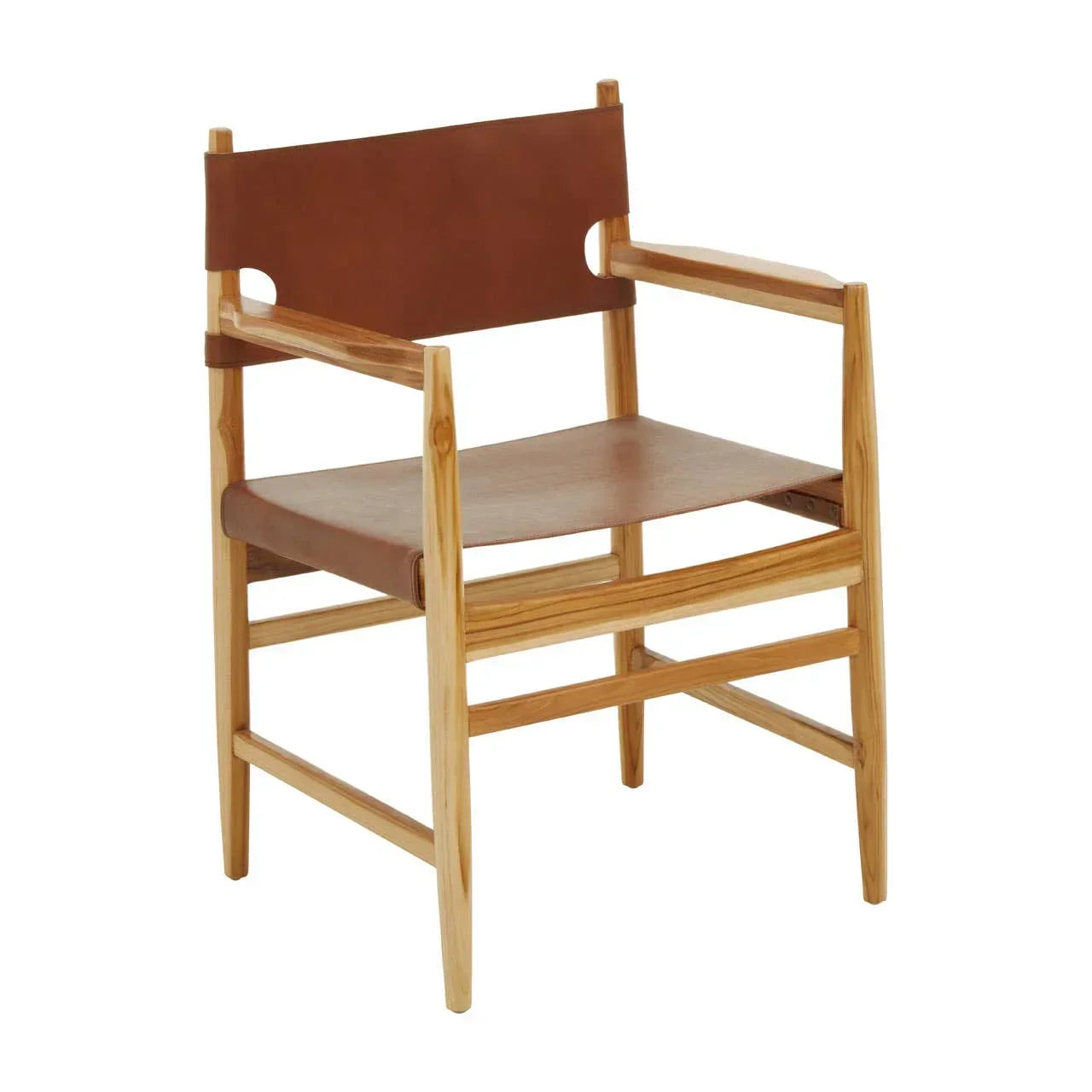 Modern wooden dining chair with tan leather seat and backrest, angled front view