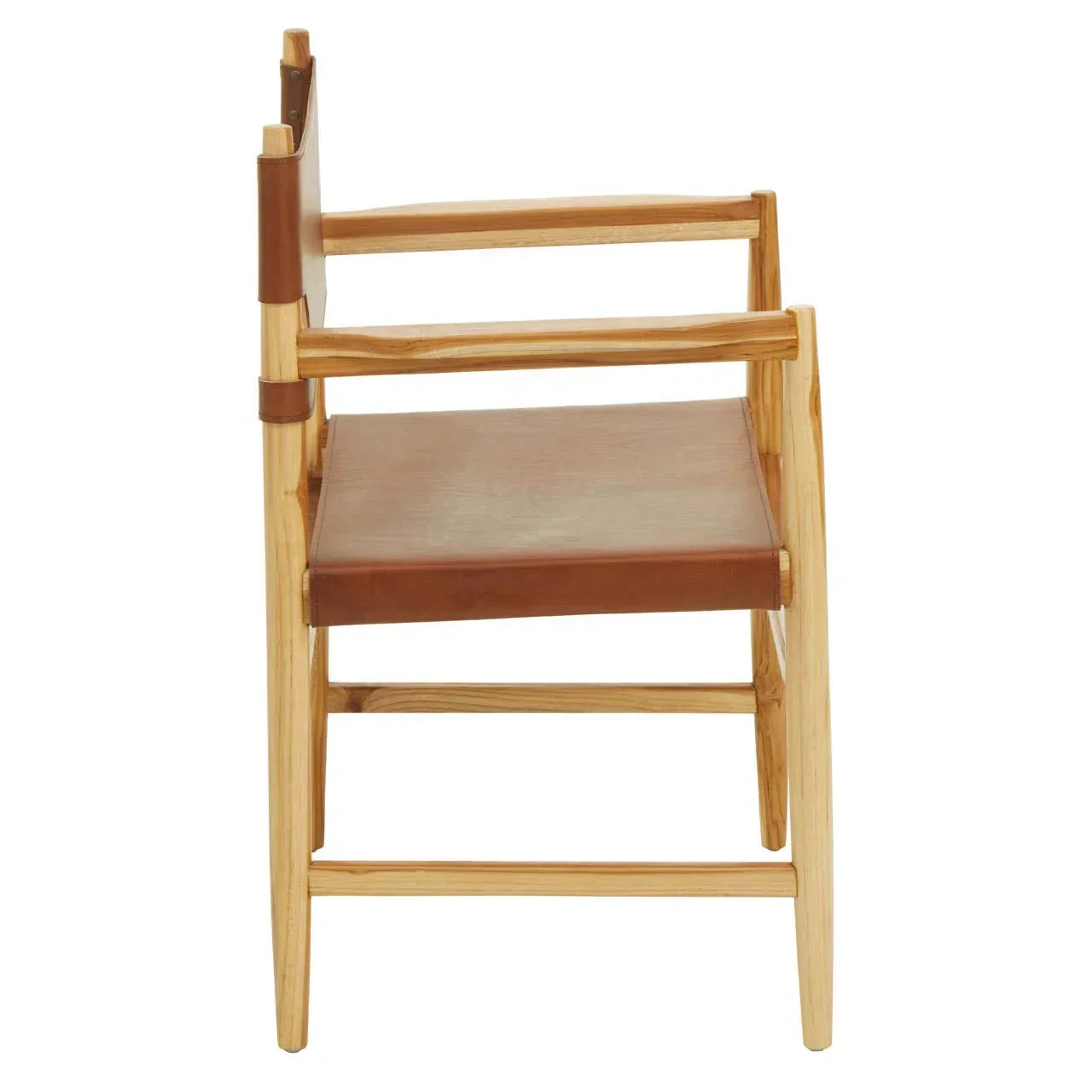 Side view of wooden armchair with brown leather seat and backrest