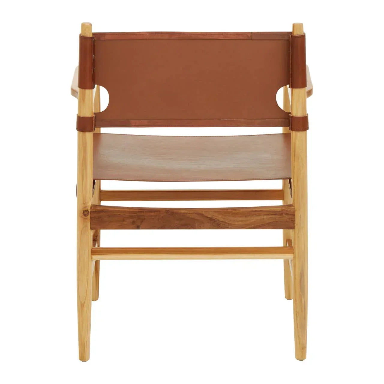 Back view of wooden dining chair with tan leather seat and backrest