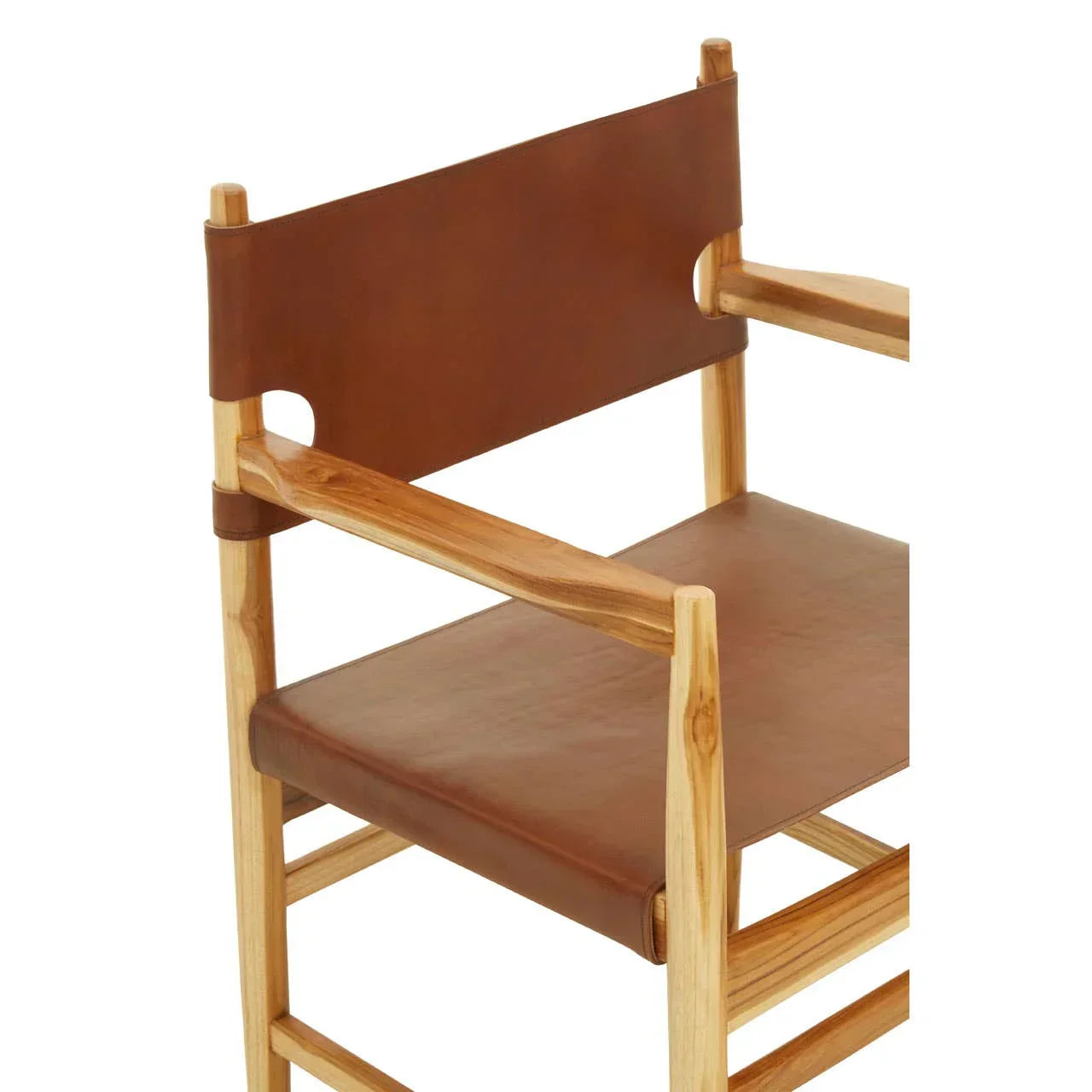 Modern wooden armchair with brown leather seat and backrest, close side angle view