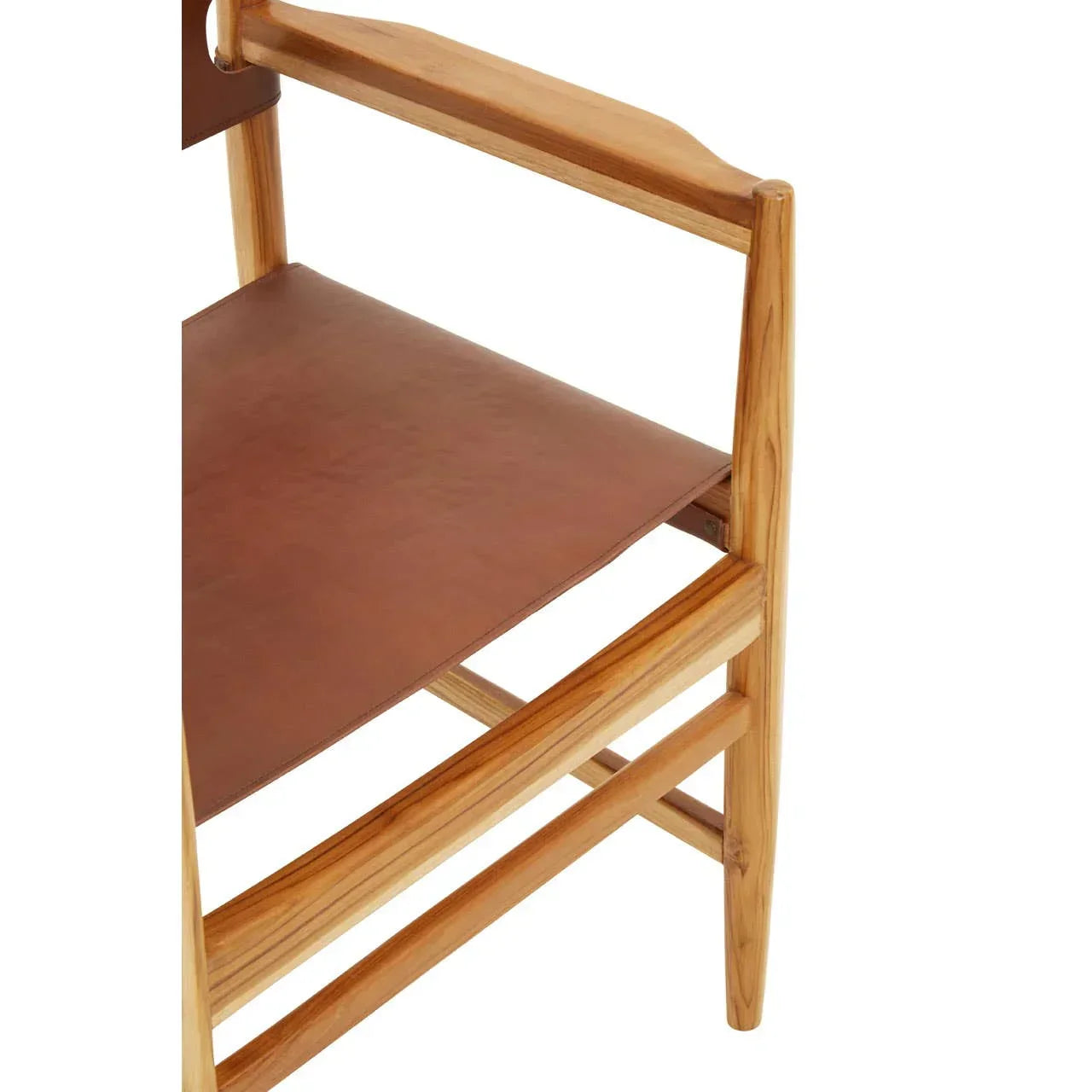 Close-up of wooden dining chair with brown leather seat and armrest