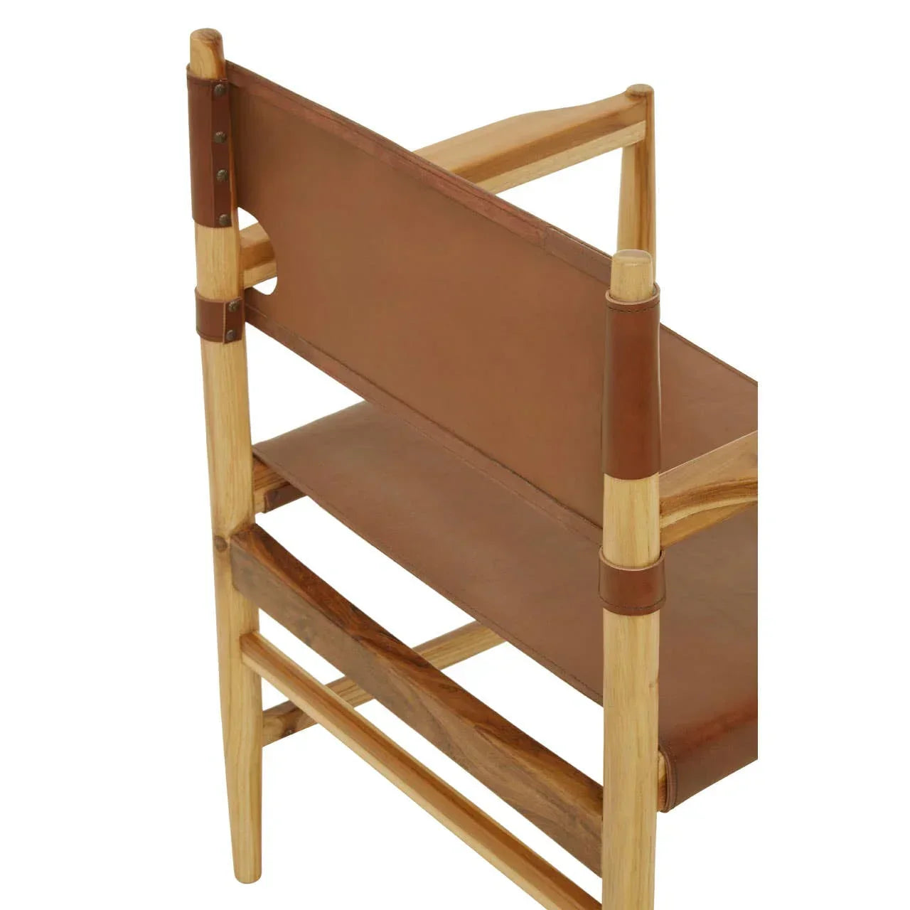 Brown leather dining chair with wooden frame, angled rear view