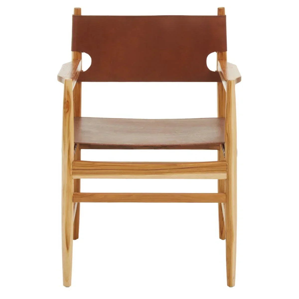 Front view of wooden dining chair with brown leather seat and backrest