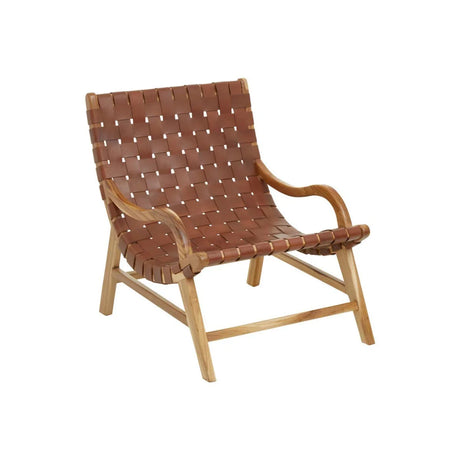 Brown leather lounge chair with woven seat and wooden frame