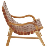 Side view of lounge chair with tan leather woven seat and curved wooden frame