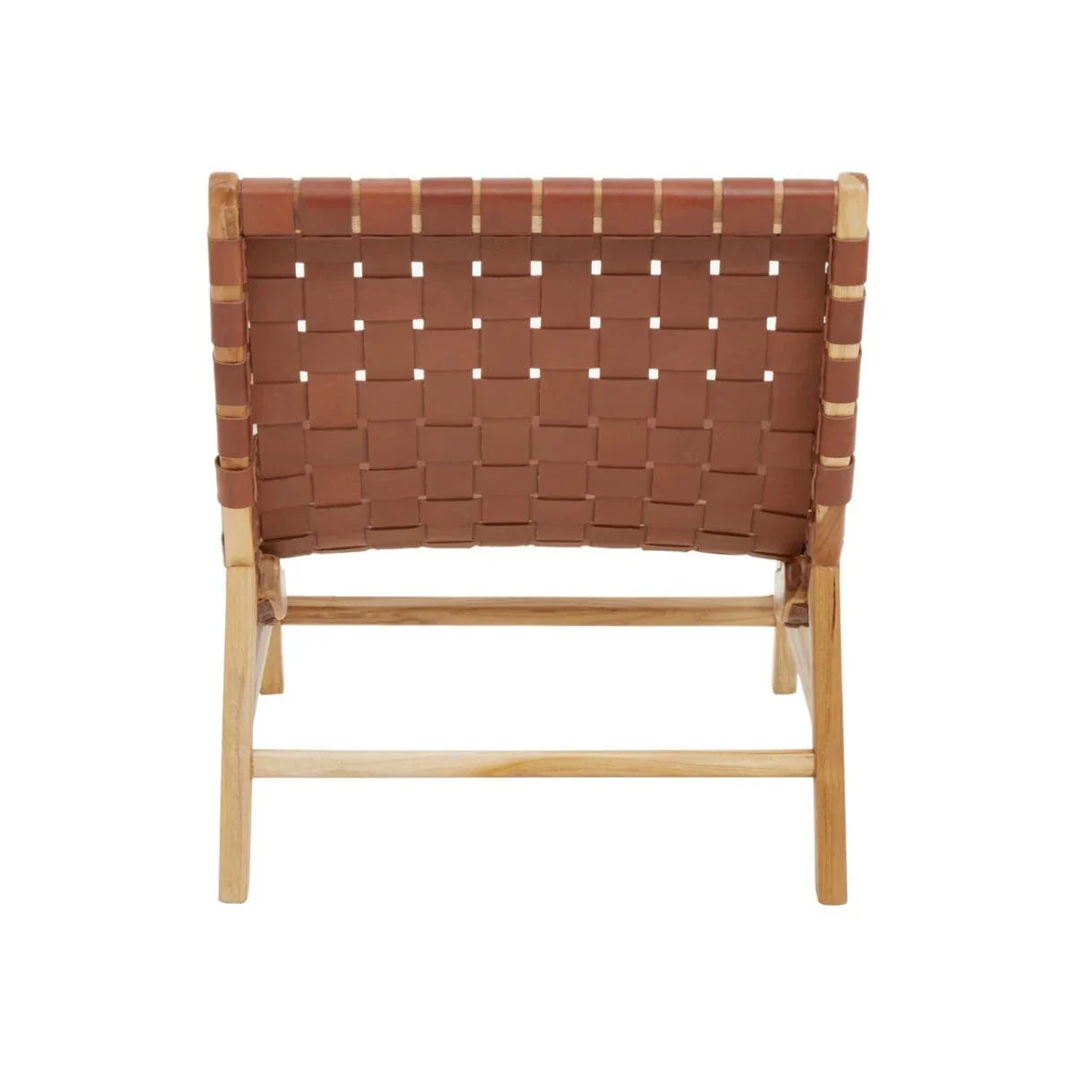 Back view of accent chair with brown leather woven seat and light wood frame