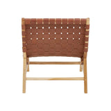 Back view of accent chair with brown leather woven seat and light wood frame