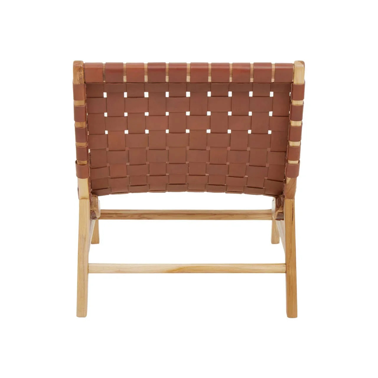 Back view of woven leather accent chair with light wood frame