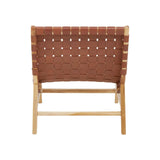 Back view of woven leather accent chair with light wood frame