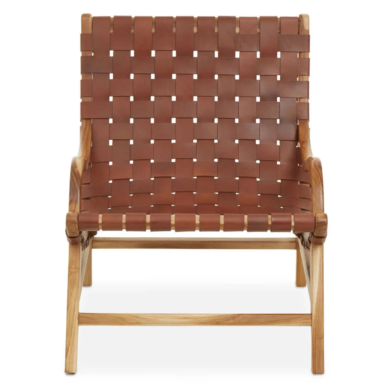 Front view of wooden accent chair with brown woven leather seat and backrest