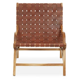 Front view of wooden accent chair with brown woven leather seat and backrest