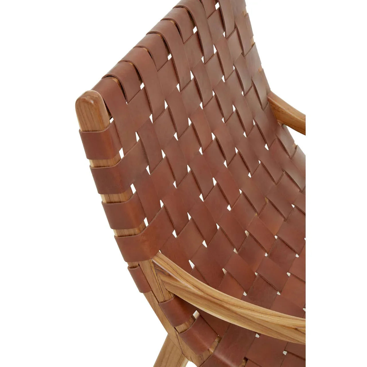 Closeup of woven brown leather chair seat and wooden frame