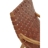 Closeup of woven brown leather chair seat and wooden frame