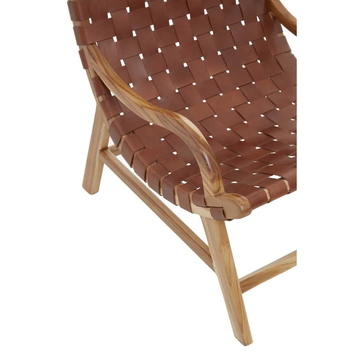 Brown leather woven lounge chair with wooden frame, close-up of seat and arm detail