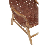 Brown leather woven lounge chair with wooden frame, close-up of seat and arm detail