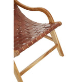 Closeup of woven leather seat and wooden frame accent chair