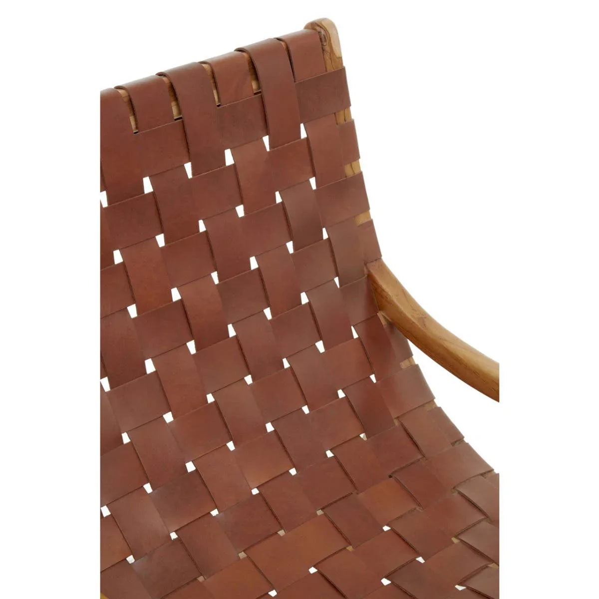 Close-up of brown leather woven chair seat with wooden frame