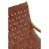 Close-up of brown leather woven chair seat with wooden frame