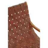 Close up of woven brown leather chair seat with wooden frame and curved armrest