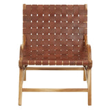 Front view of woven leather lounge chair with natural wooden frame